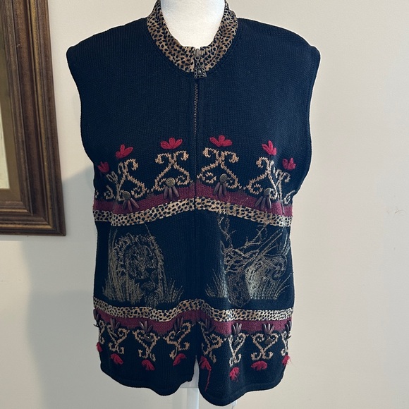 Vintage Sharon Young Black and Red Embroidered Knit Vest. Size Medium - Picture 1 of 8